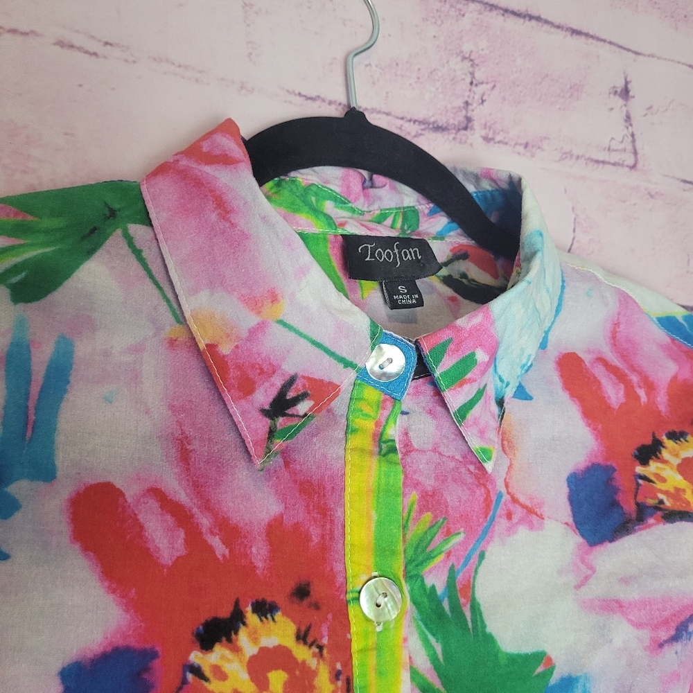 TOOFAN 100% COTTON FLORAL WATERCOLOR PRINT ART TO WEAR BUTTON FRONT BLOUSE SMALL - Picture 3 of 14
